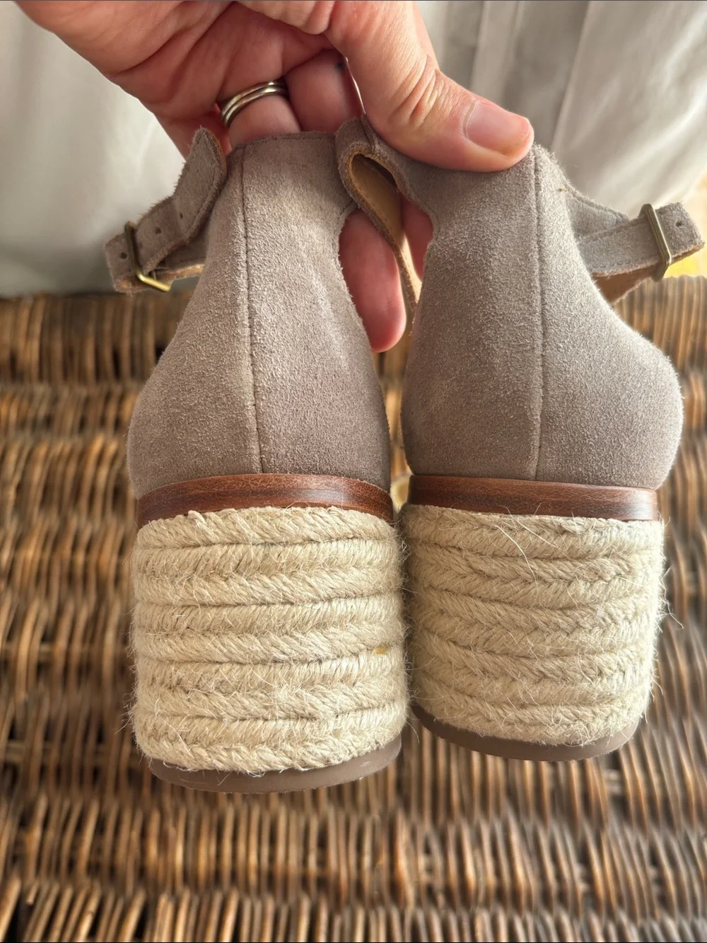Suannos Taupe Suede Ankle-Strap Block Heel Sandals